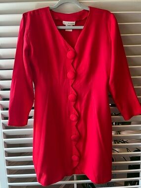 Red V-Neck Button-Front Long Sleeve Dress . Vintage 1990’s